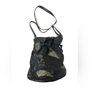 Vintage Elka Leather Bag 1980s/90s Black Gold Patchwork Bucket Bag Medium